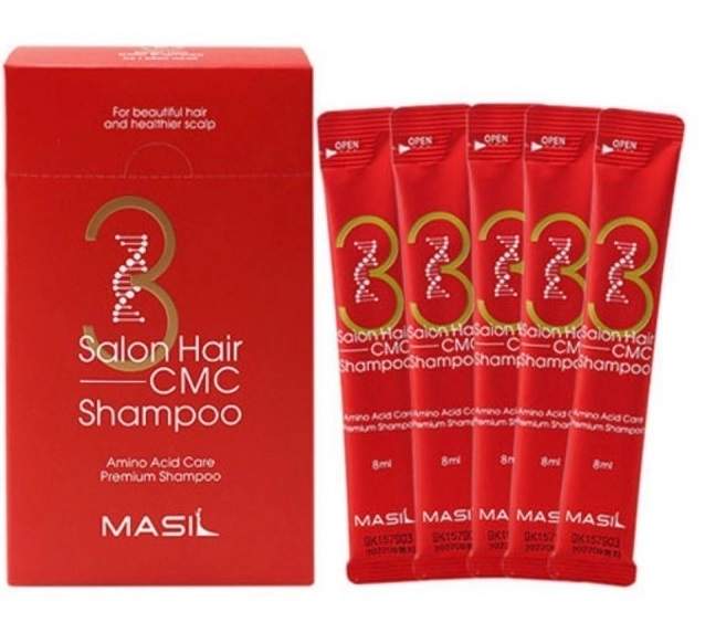 MASIL 3SALON HAIR CMC SHAMPOO STICK POUCH ШАМПУНЬ ДЛЯ ВОЛОС, 8МЛ*20ШТ Восстанавливающий шампунь глубоко увлажняет волосы, не утяжеляя их, придает блеск, здоровый вид и способствует улучшению роста волос. В состав входит 17 аминокислот, которые заполняют пористость волоса, делая их более плотными без утяжеления. Комплекс керамидов - питают волосы, устраняют ломкость, препятствуют появлению секущихся кончиков. Благодаря пониженному уровню Рн, шампунь позволяет контролировать ионный баланс кожи головы и волос, что позволяет избежать ломкости, предотвращает спутывание волос, а также восстанавливает волосы после частого использования фена, утюжков и плоек. После применения шампуня волосы мягкие, блестящие и увлажненные.